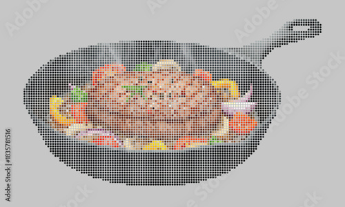 Juicy steak sizzling in a cast-iron skillet with colorful vegetables