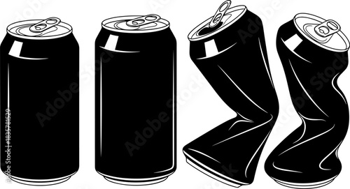 Aluminum can silhouette vector icons set, crushed beverage container illustration for recycling, waste management, sustainability, environment, trash disposal, and design use