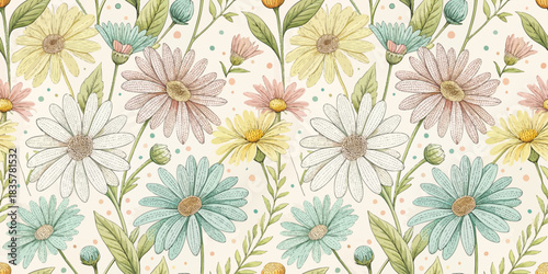 A vibrant floral pattern featuring colorful daisies and greenery in soft pastel tones.
