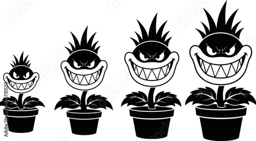 Angry cartoon plant silhouette vector icons set, potted monster foliage illustration for fantasy, humor, game design, and creative use