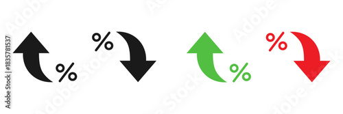 Set of minimalist percentage change icons with transparent background, depicting up and down arrows for financial data, business growth, and market trends, vector illustration

