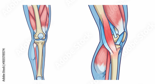 Detailed vector illustration showcasing the human knee joint anatomy, depicting bones, muscles, and ligaments in a clear and educational style for medical purposes.