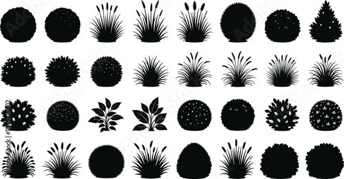 Set of bush and grass silhouettes, nature vector illustration collection, garden plant icons, isolated on white background, landscaping design elements, black shrub symbols.