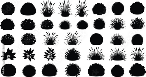 Set of bush and grass silhouettes, large collection of garden plant vector icons, nature landscaping design elements, isolated on white background, black shrub symbols.