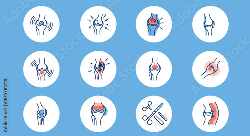 A vector illustration showcases a set of human joints and bones, depicting various conditions and treatments related to orthopedics and healthcare needs.