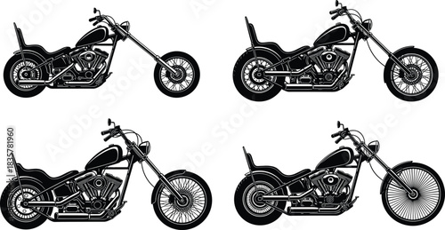 Set of Classic Chopper and Cruiser Motorcycle Silhouettes Vector Illustration, Vintage Custom Bike Collection, Retro Biker Transport, Freedom, Adventure, and Road Travel Graphic Elements, EPS.