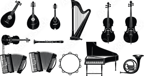 Set of Classic Musical Instruments Silhouettes: Harp, Piano, Cello, Mandolin, Violin, Accordion, Tambourine, Wind and String Instruments Vector Collection