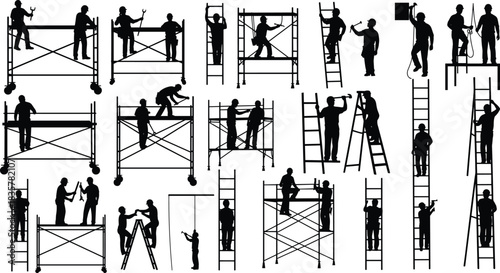 Set of Construction Workers Silhouettes on Scaffolding and Ladders, Performing Various Repair and Building Tasks, Illustrating Industrial Labor and Teamwork.