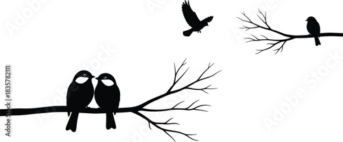 Minimalist Bird Silhouettes on Tree Branches Vector Illustration, Pair of Cute Chickadees Perched and One Bird Flying Isolated on White Background, Abstract Nature Love and Freedom Concept