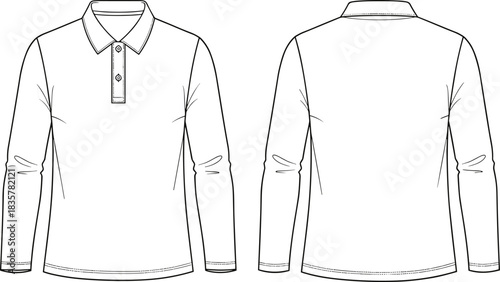 Men’s Long Sleeve Polo Shirt T-Shirt Flat Sketch Vector Technical Drawing Template Apparel Mockup for Fashion Design and Clothing Industry.