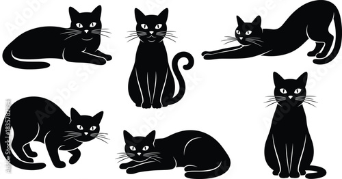 Set of cute black cat silhouettes, domestic animal vector illustration collection, feline pets sitting standing and stretching, isolated on white background for halloween design