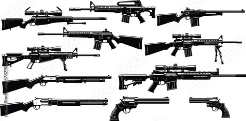 Modern and Classic Firearms Black Silhouette Collection, Vector Set of Tactical Rifles, Sniper Guns, Shotguns, and Revolvers, Hunting and Military Weaponry Equipment Icons