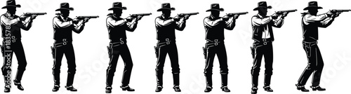 Set of Cowboy Gunmen Silhouettes Aiming Pistols, Western Old Wild West Man with Hat and Revolver, American History and Sheriff Vector Illustration.