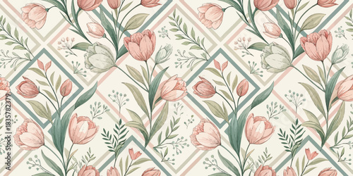 Elegant floral pattern featuring soft pink tulips and green foliage on a subtle geometric background.