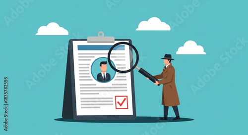 Magnifying glass over a resume document with a person icon and a checkmark, symbolizing review and selection