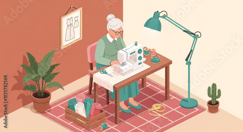 Elderly woman sewing at a desk with a lamp and plants in a cozy room, creative hobby
