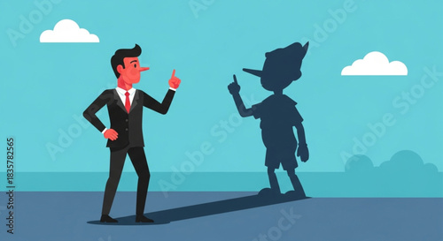 Deceptive Businessman with Long Nose Shadow, Symbolizing Lies and Dishonesty in Business Dealings