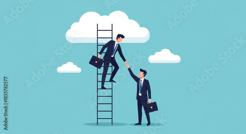 businessmen helping each other ascend a ladder towards a cloud, symbolizing teamwork and achieving success in a business context