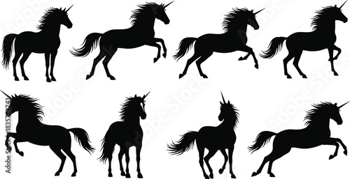 Set of black unicorn silhouettes, isolated vector illustration of mythical horse animals, magic fantasy creatures collection, flat design icons for logo graphic elements