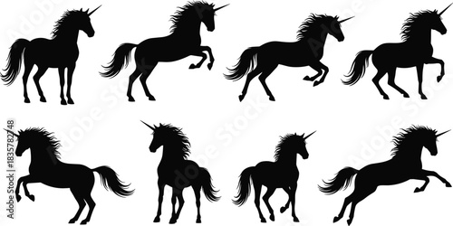 Set of black unicorn silhouettes, isolated vector illustration of mythical horse animals, magic fantasy creatures collection, running and rearing icons for logo design elements