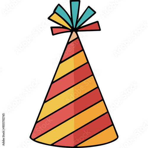 Striped Cone Shaped Party Hat with Colorful Tassels on Top Celebrating a Festive Occasion in a Simple Flat Design Against a Black Background
