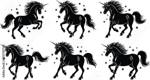 Set of black unicorn silhouettes, vector illustration of mythical horses running and rearing with stars, fantasy animal collection for logo, tattoo, or design.