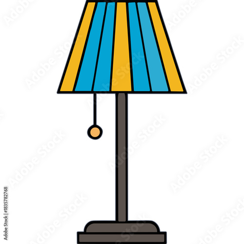 Striped Lampshade Floor Lamp with Blue and Yellow Vertical Stripes and a Pulldown Chain Ornament on a Dark Stand Isolated on Black Background