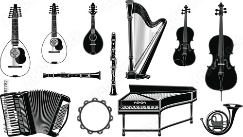 Set of black vector silhouettes illustrating a diverse collection of classical and folk musical instruments including a harp, strings, mandolins, and woodwind, 