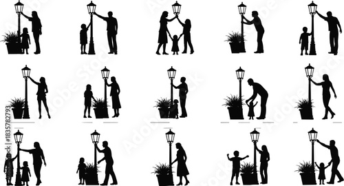 Set of black vector silhouettes illustrating adults and children standing near vintage street lamps with decorative potted plants on a white background, side view.