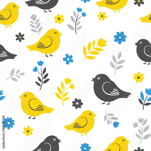 Charming seamless pattern of cute yellow and gray birds with blue and yellow flowers adorable avian design vector