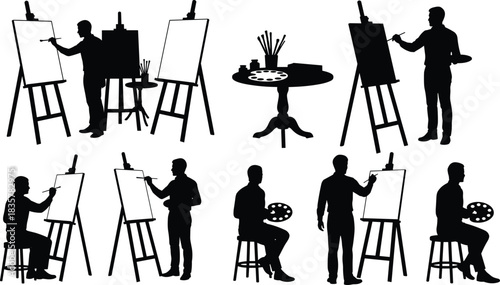 Set of black vector silhouettes illustrating male artists painting on blank canvases at easels, holding brushes and palettes, creative process and fine art concept.