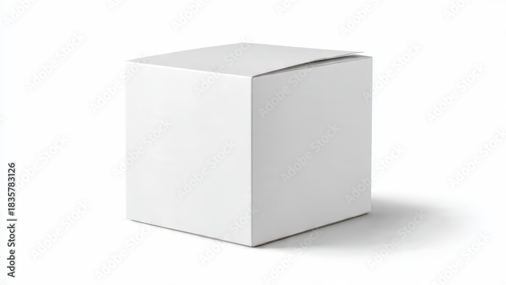 Fototapeta premium Plain white cardboard box with lid partially open casts a shadow on a white background