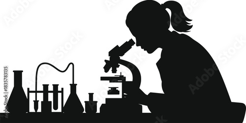 Silhouette of female scientist working with microscope in laboratory research science education chemistry experiment technology biology study concept vector