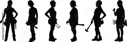 Silhouette of female construction workers with tools and helmets vector illustration symbolizing teamwork, labor, industry, empowerment, equality, and professional strength.