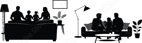 Silhouette of families sitting together on sofa in living room interior, parents and children spending quality time vector illustration