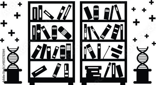 Silhouette of library bookshelves filled with books and DNA helix symbols, science education research learning concept vector illustration design