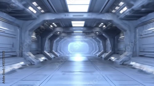 Futuristic hallway interior render sci fi corridor with bright light