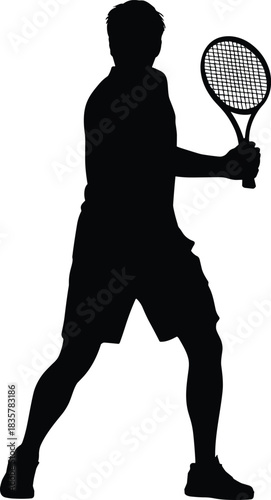Silhouette of male tennis player holding racket ready to hit ball vector illustration representing sport, fitness, competition, training, and action