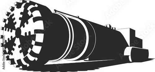 Silhouette of tunnel boring machine illustration, industrial mining and construction equipment used for underground excavation, engineering, and infrastructure projects.