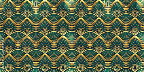 Elegant green and gold art deco pattern featuring detailed fan shapes.