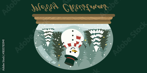 Whimsical christmas snow globe with upside down snowman and forest scene