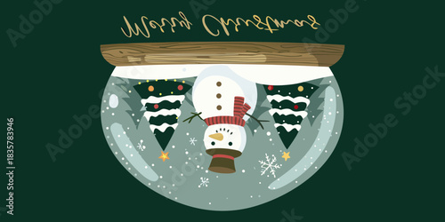Whimsical upside down snowman in a snow globe for christmas