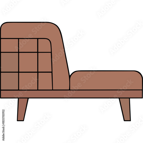 Minimalist Brown Chaise Lounge with Tufted Backrest and Four Tapered Legs Against a Black Background Simple Furniture Design