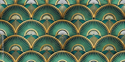 Intricate teal and gold fan pattern design with a vintage art deco influence.