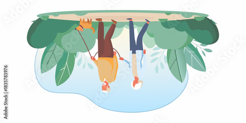 Senior couple walking dog in upside down world illustration