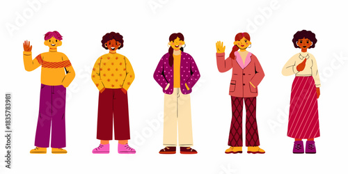 Diverse group of young people in colorful casual outfits waving hello