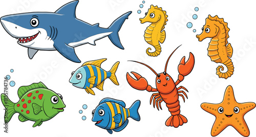 Cartoon ocean creatures including shark seahorse lobster fish and starfish vector