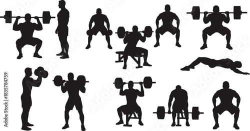 Collection of black silhouettes of men performing various weightlifting exercises fitness workout