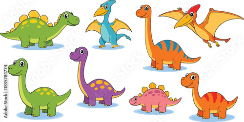 Cute cartoon dinosaurs and pterodactyls in various colors and poses illustration