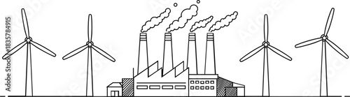 Wind turbines and factory with smoke stacks in a line drawing industrial